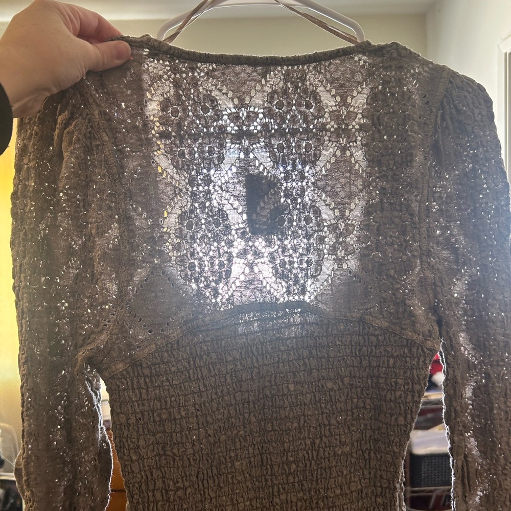 NWT Free People M smocked Confection Long Sleeve Top Lace Mushroom color - Picture 4 of 7